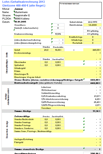 Gehaltsabrechnung Muster für Excel und als PDF - kostenlos